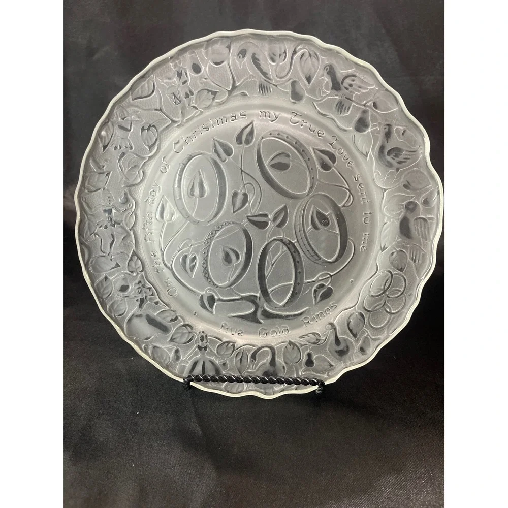 Imperial Glass 1974 Twelve Days of Christmas Five Gold Rings Plate Frosted Clear